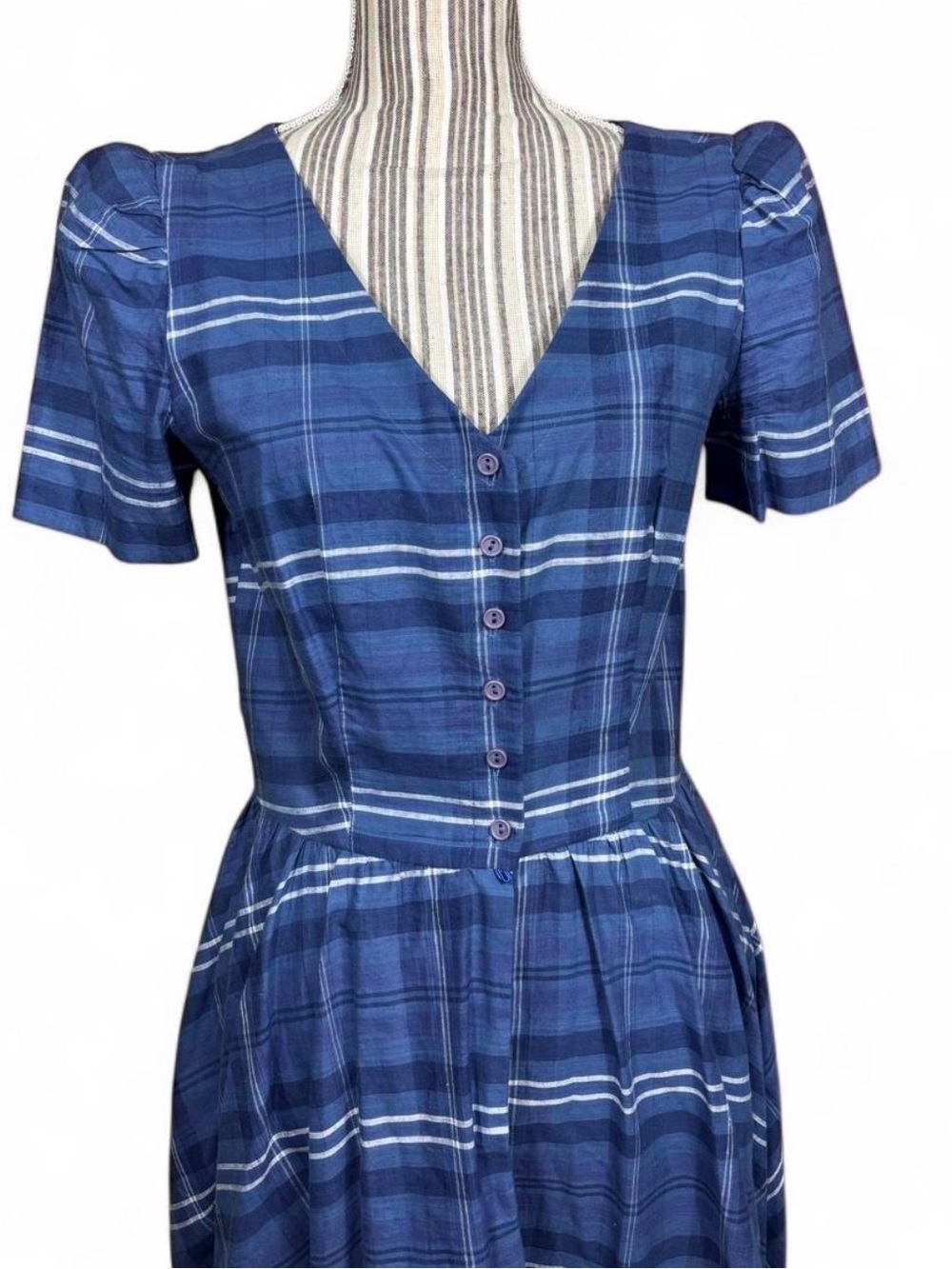 Diane Von Furstenburg 1970s vintage 100% multi tone blue cotton plaid midi dres - Picture 5 of 8